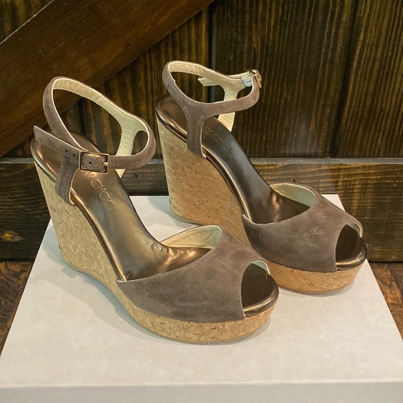 Jimmy Choo Perla Suede/Cork Wedge Sandal Pecan 37/7 NIB - Picture 3 of 11